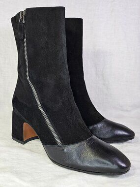 Aquatalia Italian Suede Leather 2.25” Block Heel Toe Cap Ankle Boots US6 Black